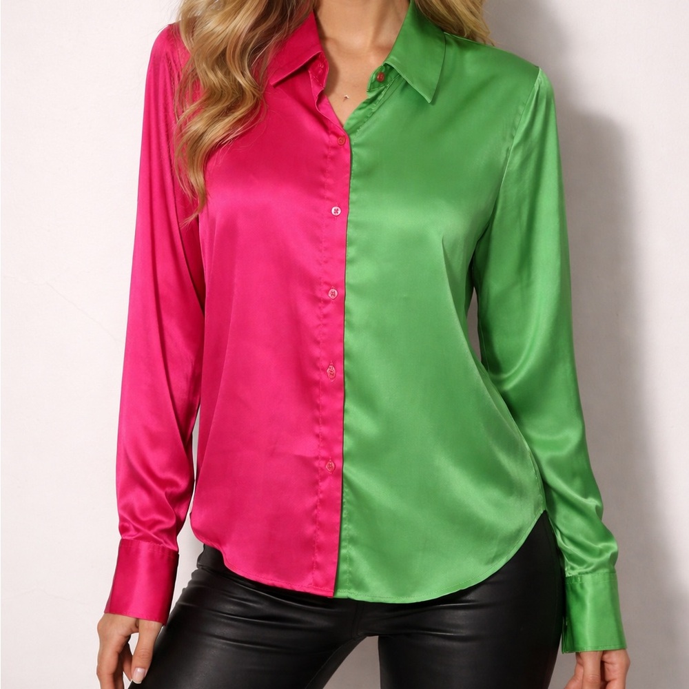 Jess Lea Colorblock Silky Satiny Button Down Shirt Large Pink Green Polyester